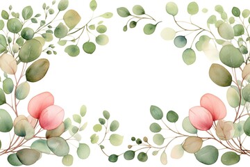 Wall Mural - Watercolor illustration of green leaves forming a frame with pink flowers.