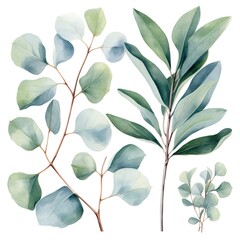 Wall Mural - Watercolor illustration of green leaves isolated on white background.