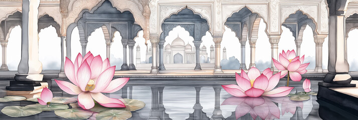 Pink lotus flowers blooming in tranquil water pond reflecting mughal architecture