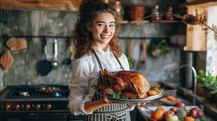 A joyful woman holding a roasted turkey in a rustic kitchen setting