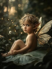 Enchanting fairy child in a magical forest setting, with delicate wings and surrounded by glowing lights.