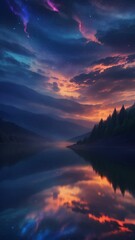 Poster - A mesmerizing night sky timelapse over a tranquil lake, with vibrant cosmic colors reflecting on the water. Silhouetted mountains frame the serene scene, capturing the beauty of nature at night.