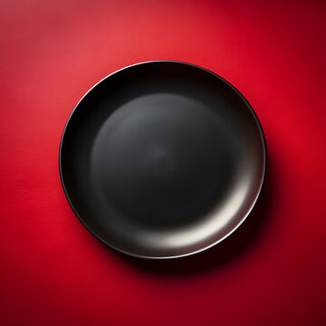 top view black oval plate on dark red background