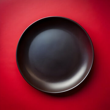 top view black oval plate on dark red background