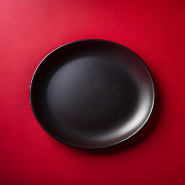 top view black oval plate on dark red background