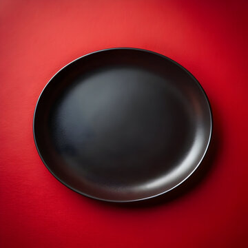 top view black oval plate on dark red background