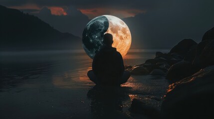 Wall Mural - Serene lakeside scene with a large, detailed moon reflecting on the water