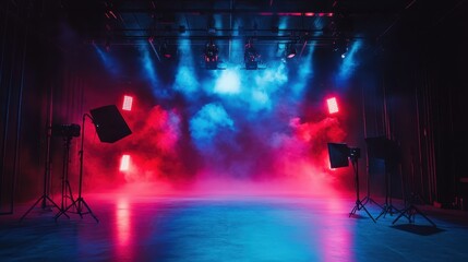 Sticker - Stage lighting equipment, including spotlights and floodlights, with a fog machine creating a misty effect