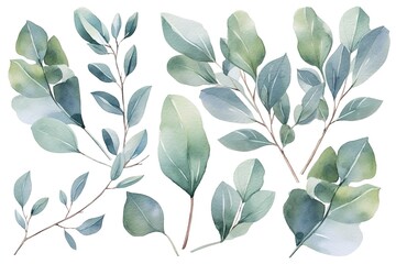 Wall Mural - Watercolor illustration of green leaves on white background.