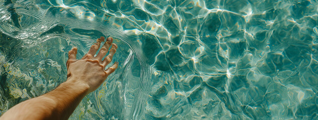 Hand in clear turquoise water. Summer vacation concept. Image for travel, spa, and wellness content. Banner with copy space.