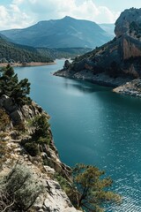 Wall Mural - A picturesque mountain lake with clear blue waters, surrounded by rocky terrain and lush trees. Ideal for outdoor activities like hiking or sightseeing.