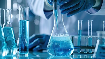 scientist in a chemistry lab with flasks and other labware. research and development concept for med