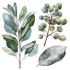 Wall Mural - Watercolor illustration of leaves and berries.