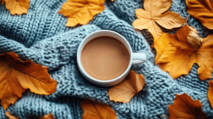 Wall Mural - A white cup of coffee placed on a blue knitted blanket surrounded by autumn leaves.