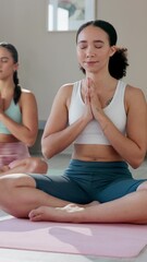 Poster - Girl, class and eyes closed with namaste for meditation with peace on mental health, wellness and self care. Women, yoga mat and smile with zen for mindfulness or calm to relax, break and wellbeing