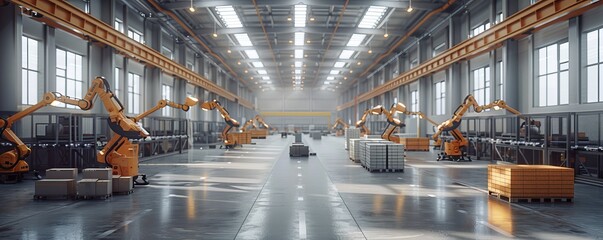 Poster - Advanced robotic arms working in a modern industrial warehouse
