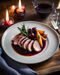 Wall Mural - A beautifully seared duck breast with a cherry reduction, accompanied by roasted root vegetables and a swirl of parsnip purée