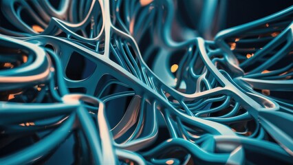 Poster - Innovative abstract network design showcasing diverse shades of blue An intricate arrangement of interconnected lines and nodes creates a futuristic pattern that embodies modern con