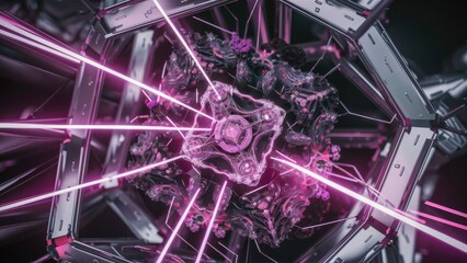 Aufkleber - 3D render of abstract surreal fractal art featuring a futuristic alien cyber cube mechanism in transformation illuminated by purple laser lines on a wire aluminum structure