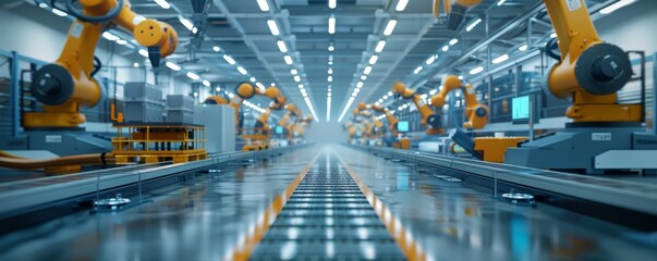 Poster - Advanced robotic arms in a high-tech factory with automated production line in an industrial setting