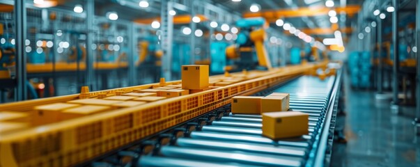 Poster - Automated industrial conveyor belt system in modern warehouse for efficient packaging and shipping