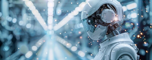 Poster - Futuristic humanoid robot in high-tech environment with defocused lights