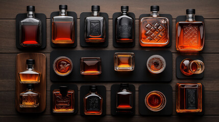 Sticker - A collection of various whiskey bottles and glasses arranged on a wooden surface. The bottles are of different shapes and filled with amber-colored whiskey.