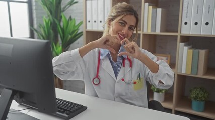 Poster - A friendly young woman doctor in a white coat making a heart gesture at her workplace in a clinic office with a computer, conveying care and professionalism