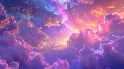 Wall Mural - a vibrant abstract painting with purple and gold hues, featuring a starry sky and cloud-like shapes 