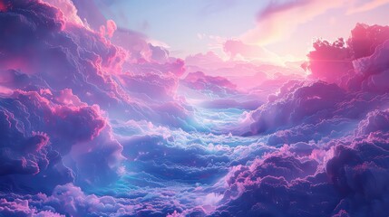 Wall Mural - a vibrant sunset over purple and pink clouds, with light shining through the layers of clouds, creat