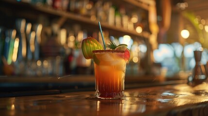 A tall cocktail with a strawberry garnish on top, served in a bar setting.