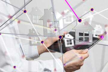 Poster - home iot - Neural network 3D illustration. Big data and cybersecurity - 3d