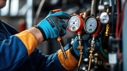 Technician adjusting pressure gauges on industrial equipment wearing blue gloves and uniform.