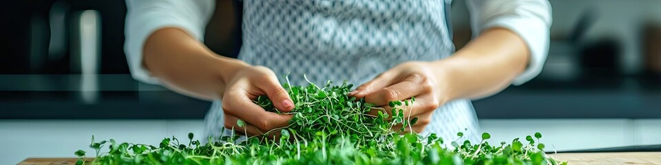 Wall Mural - a woman prepares a salad from microgreens. Selective focus