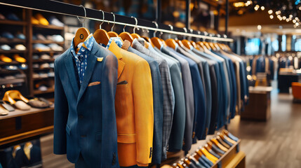 Wall Mural - A display of men's suits on hangers in a modern clothing store. The suits are various colors, including blue and orange, arranged neatly in a well-lit setting.