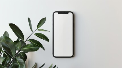 Modern Smartphone Mockup with Green Leaves on White Background