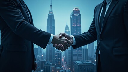 City Skyline Handshake: Sealing the Deal, Two businessmen shake hands in front of a vibrant night skyline, symbolizing a successful business deal forged amidst the energy of the city.