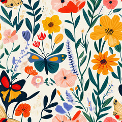 seamless Colorful floral and butterfly pattern on white background.