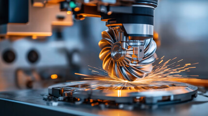 Poster - Close-up of CNC machine in operation with sparks flying during metal cutting process, highlighting precision industrial manufacturing.