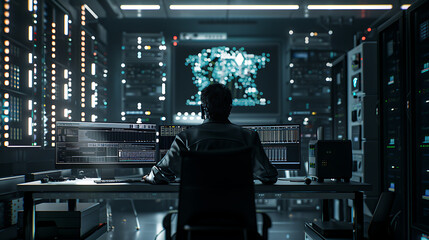 A male IT worker sits at his desk in front of computer monitors and looking computer screen, seen from behind and looking over the of an AI system that processes data on monitor displaying code
