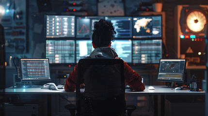 A male IT worker sits at his desk in front of computer monitors and looking computer screen, seen from behind and looking over the of an AI system that processes data on monitor displaying code

