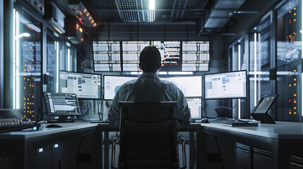 A male IT worker sits at his desk in front of computer monitors and looking computer screen, seen from behind and looking over the of an AI system that processes data on monitor displaying code
