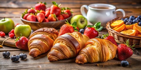 Fresh croissant and colorful assortment of fruits on a cafe table, cafe, croissant, fruit, fresh, breakfast, pastry, bakery