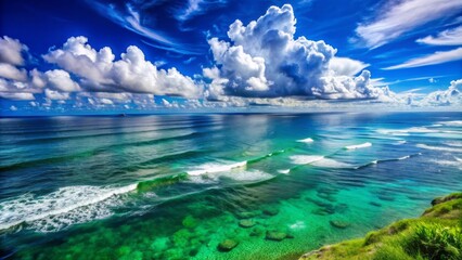 coastal serenity vibrant blue skies and green ocean waves in composition with a large, fluffy cloud 