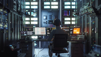 A male IT worker sits at his desk in front of computer monitors and looking computer screen, seen from behind and looking over the of an AI system that processes data on monitor displaying code
