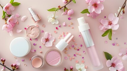 Flatlay of Special Offer Beauty Products with Floral Accents on Pink Background