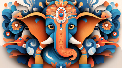 Wall Mural - Colorful abstract illustration of Ganesh, an Indian deity with an elephant head, decorated with intricate patterns and surrounded by floral elements.