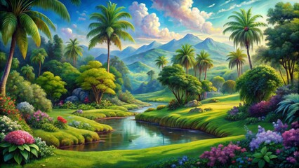 Serene Tropical Paradise A Vibrant Digital Painting of Lush Greenery, Palm Trees, a Winding River, and Majestic Mountains (193 characters) Keywords Tropical, Paradise, Digital Painting, Lush