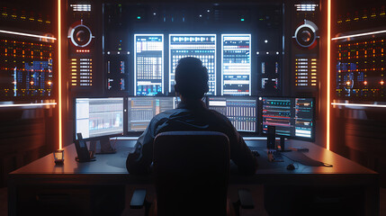 A male IT worker sits at his desk in front of computer monitors and looking computer screen, seen from behind and looking over the of an AI system that processes data on monitor displaying code
