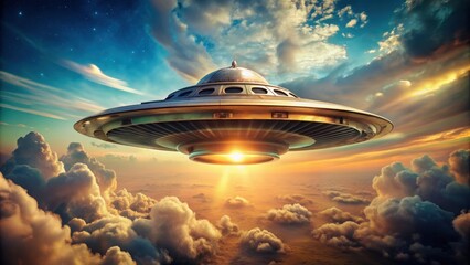 Wall Mural - Vintage alien spaceship hovering in the sky, featuring a futuristic and retro science fiction design, UFO, spaceship, sci-fi